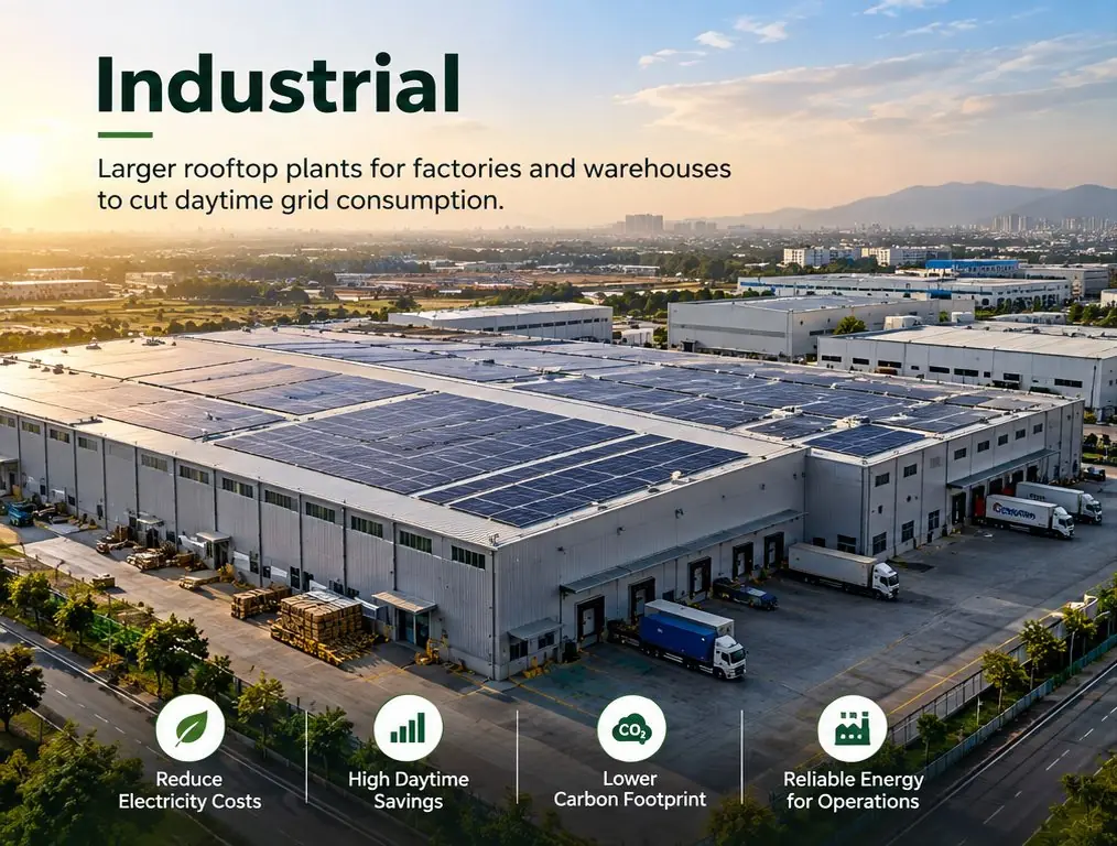 Industrial warehouse with a large rooftop solar plant